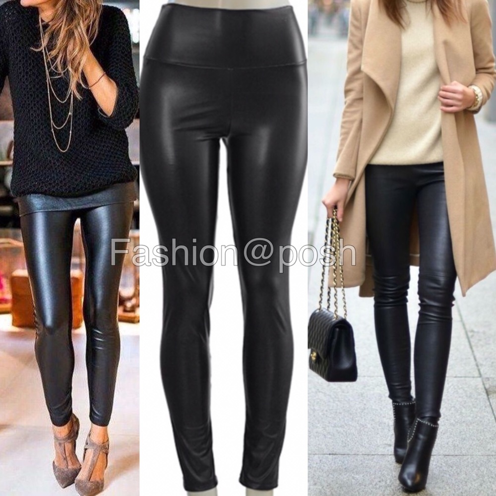 Faux Leather Leggings High Waisted Tummy Control - Picture 2 of 4